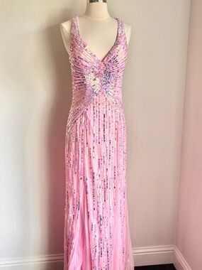 Primavera Couture Sequin Mesh Deep V-Neck Open Back Gown Pink 9874 Sz 12 NWT